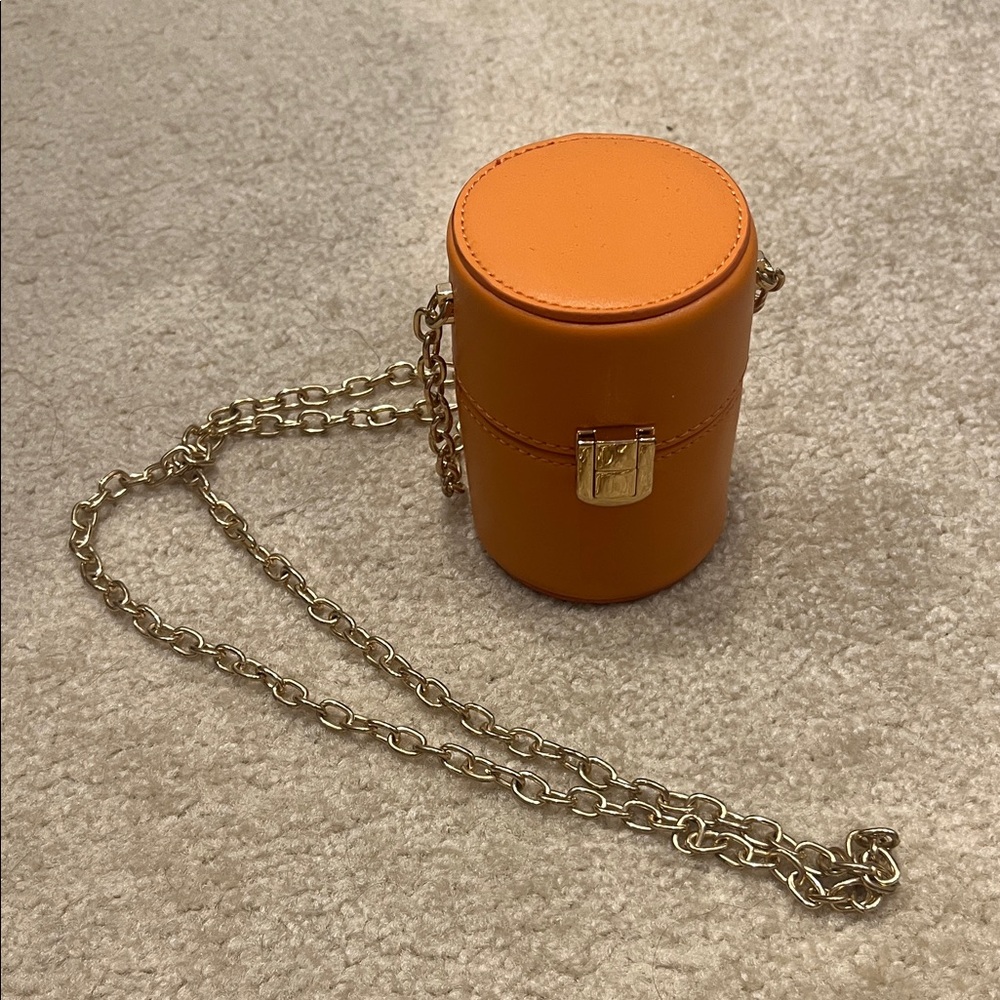 Orange small Cylinder Crossbody Bag with Gold Chain